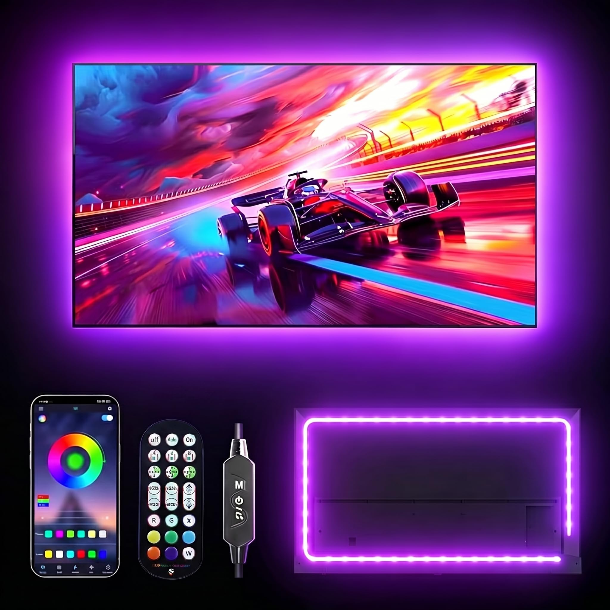 Luci a LED per TV, retroilluminazione RGB TV, luci LED da 5 m per TV da 45 a 75 pollici, sincronizzazione musica Bluetooth APP e telecomando USB alimentate striscia luci per camera da letto
