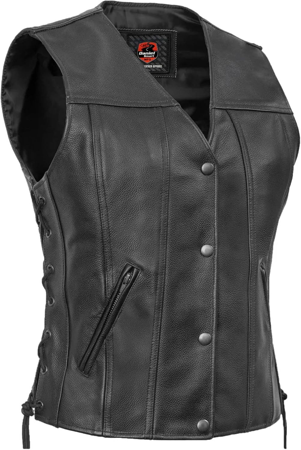 Daniel Smart Women’s Motorcycle Leather Vest Premium Cowhide Ladies Leather Vest with Side Laces & pockets