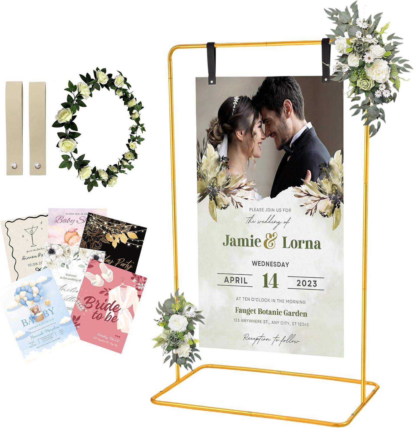 Wedding Welcome Sign Stand, Adjustable Welcome to Our Wedding Fabric Sign Holder, Easel Stand for Sign Poster With Design Bundle & Rose Vine, Linen Sign Stand for Wedding, Gold