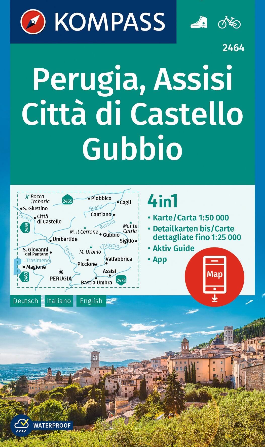 Perugia / Assisi / Gubbio D/I/E + Aktiv Guide (2464): 4in1 Wanderkarte mit Aktiv Guide und Detailkarten inklusive Karte zur offline Verwendung in der KOMPASS-App. Fahrradfahren.