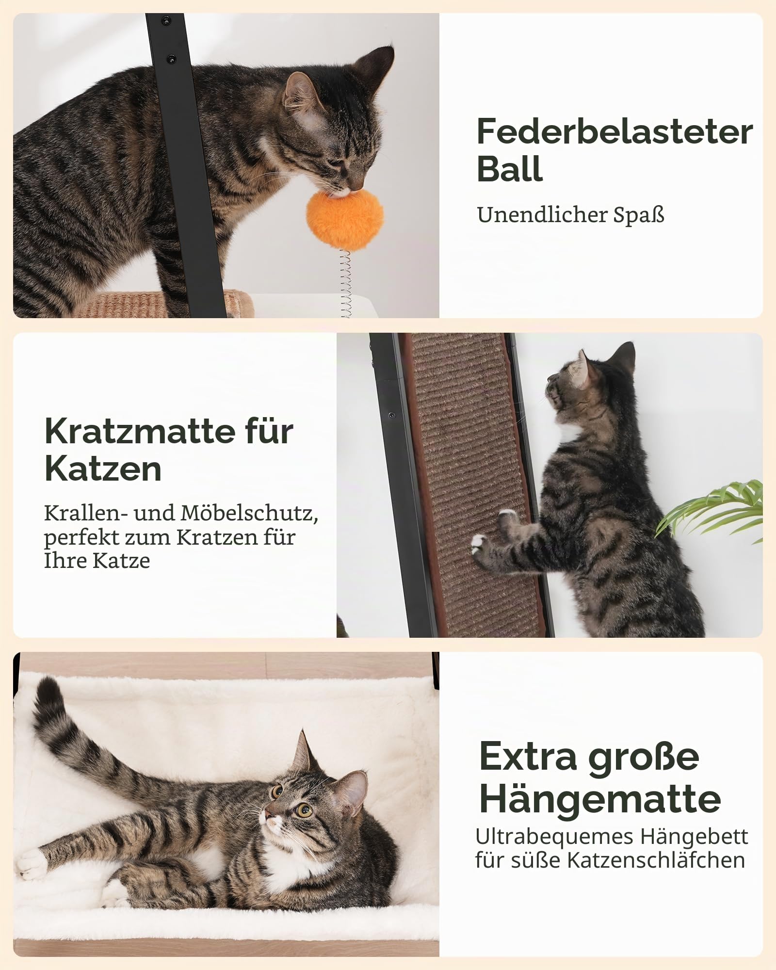 FourFurPets 147 cm Kratzbaum, Kratzbaum Grosse Katzen stabil, moderner katzenbaum für drinnen, hoher Katzenbaum mit Kratzbrett, Katzenturm Holz mit großer Plattform, Höhle, Greige