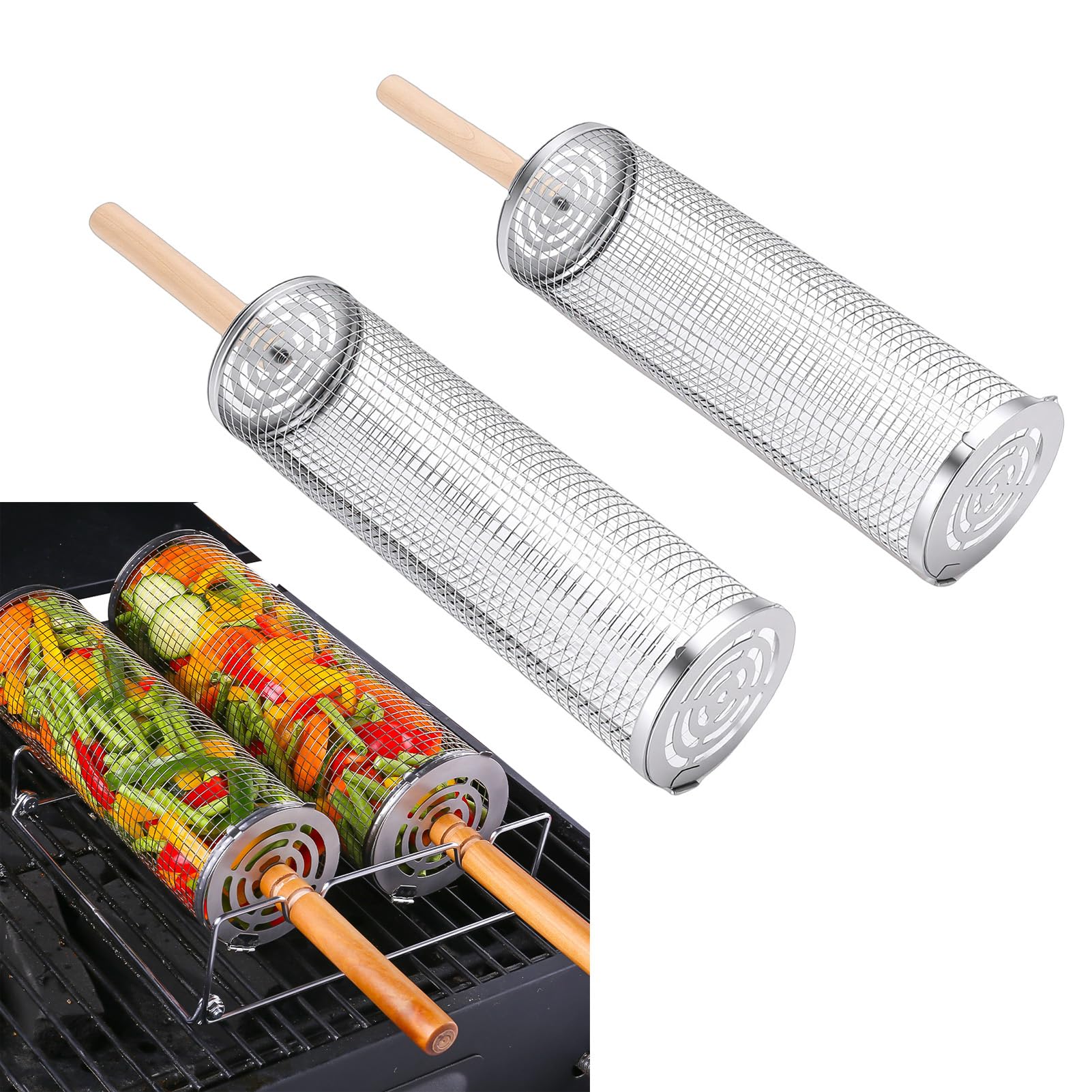 Rollbarer Grillkorb, 304 Edelstahl, abnehmbarer Griff, geeignet für das Kochen von Gemüse und anderen Lebensmitteln im Freien