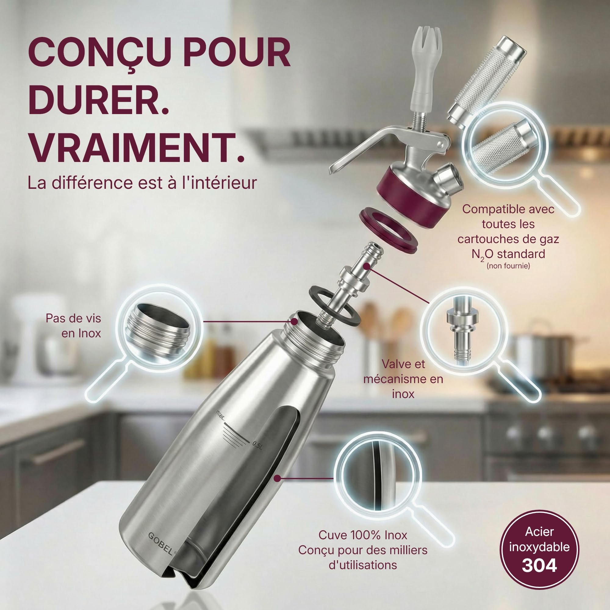 Gobel - Siphon chantilly professionnel cuve et tête inox 0,5L - NF D21-901 | Chantilly, sauces, espumas, chaud ou froid jusqu'à 70°C ; certifié NF D21-901 et TÜV ; 3 douilles et brosse incluses
