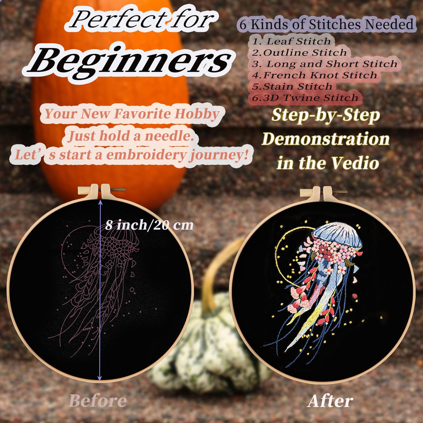 FONNUY Crewel Embroidery Kit for Beginners, Pre-Stamped Pattern Kits for Adults with Hoop, Easy to Follow Color Thread Needlework, 8'' Hoop (Jellyfish A)