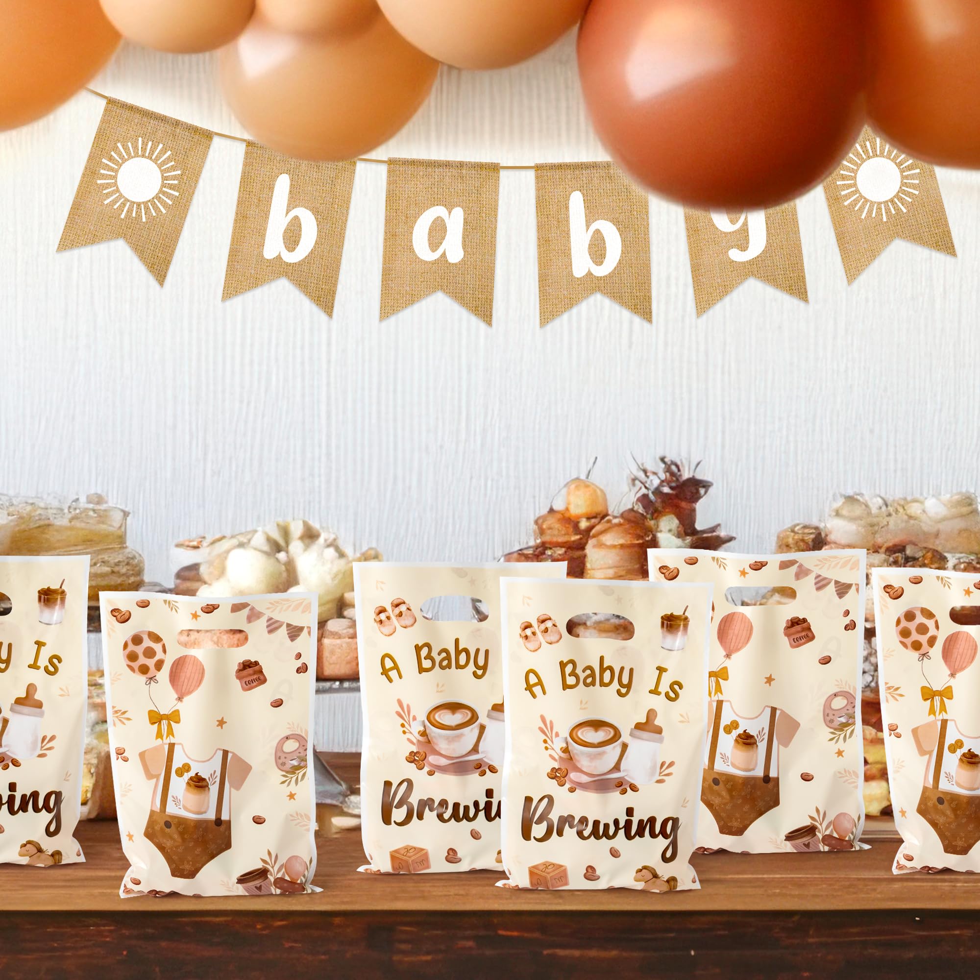 K1tpde 50 bolsas de regalo de fiesta de baby shower, temática de café, bolsas de regalo de plástico marrón a granel con asa para niños, decoración de cumpleaños de bebé en flor para embarazo
