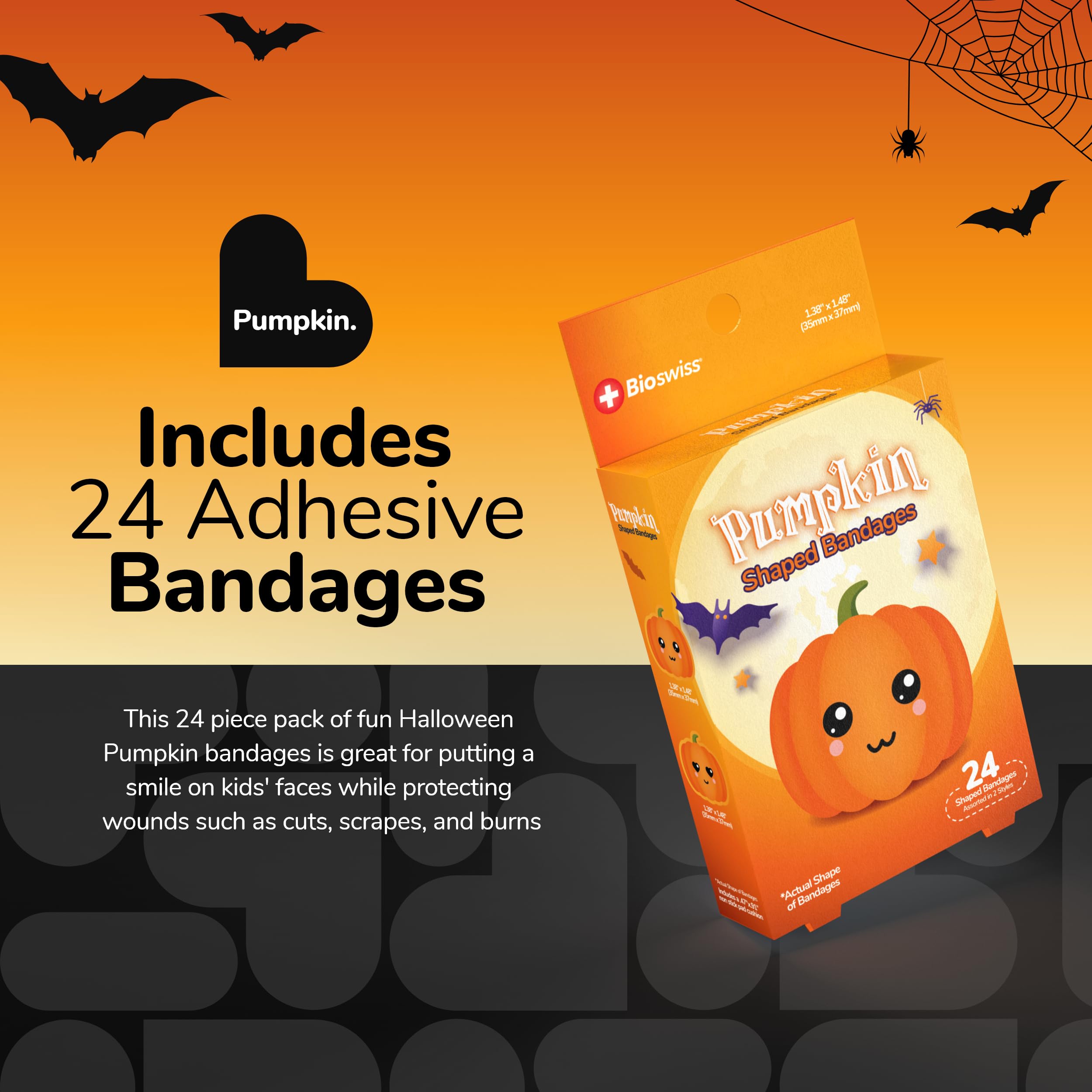 BioSwiss Bandages, Halloween Pumpkin Shaped Self Adhesive Bandage Set, Latex Free, Sterile Wound Care, 24 Count