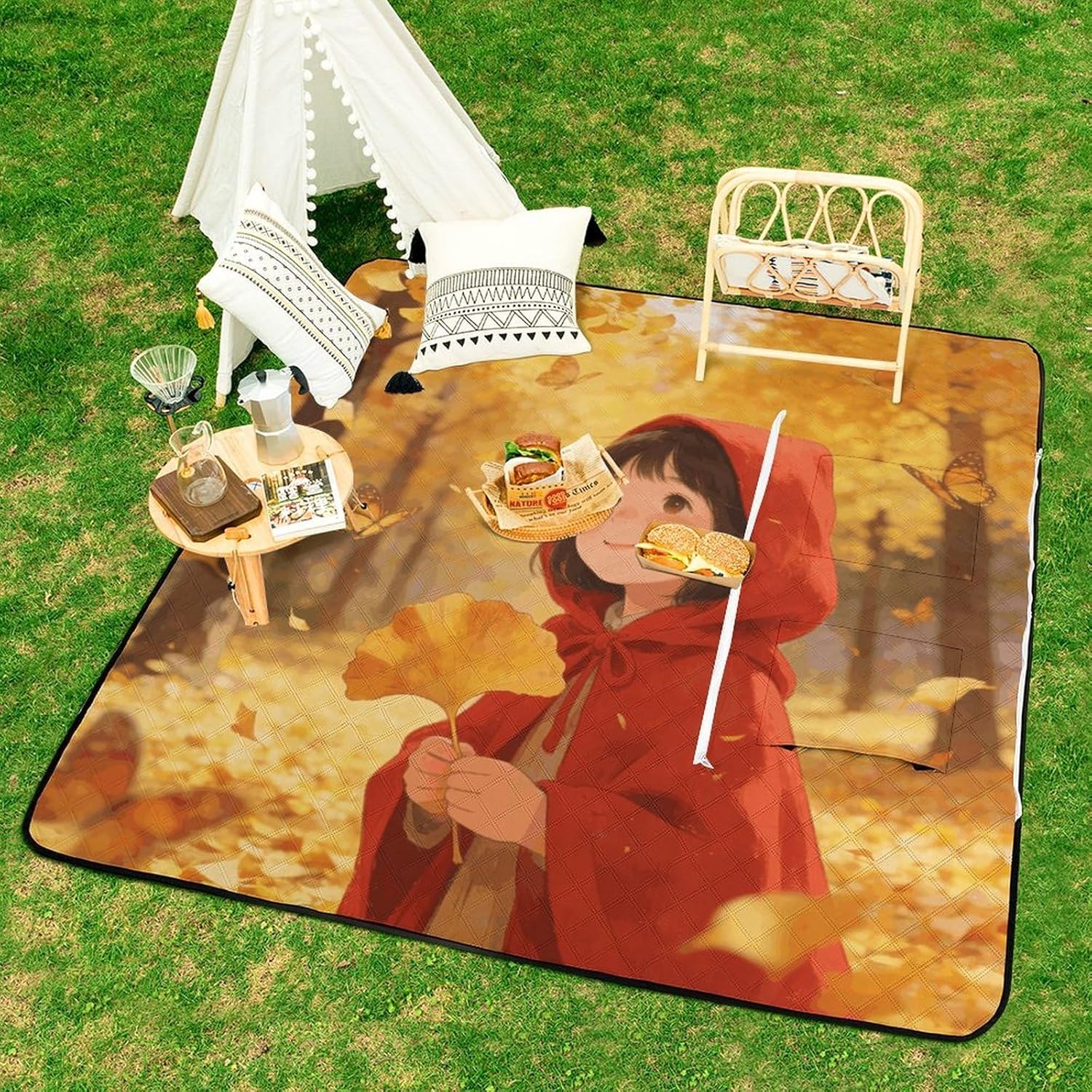Red-Clothed Little Guest Picnic Blanket with Zipper Water Resistant Sand Free Picnic Mat Washable Foldable Easy Carry Beach Blanket for Lawn Beach Hiking Camping