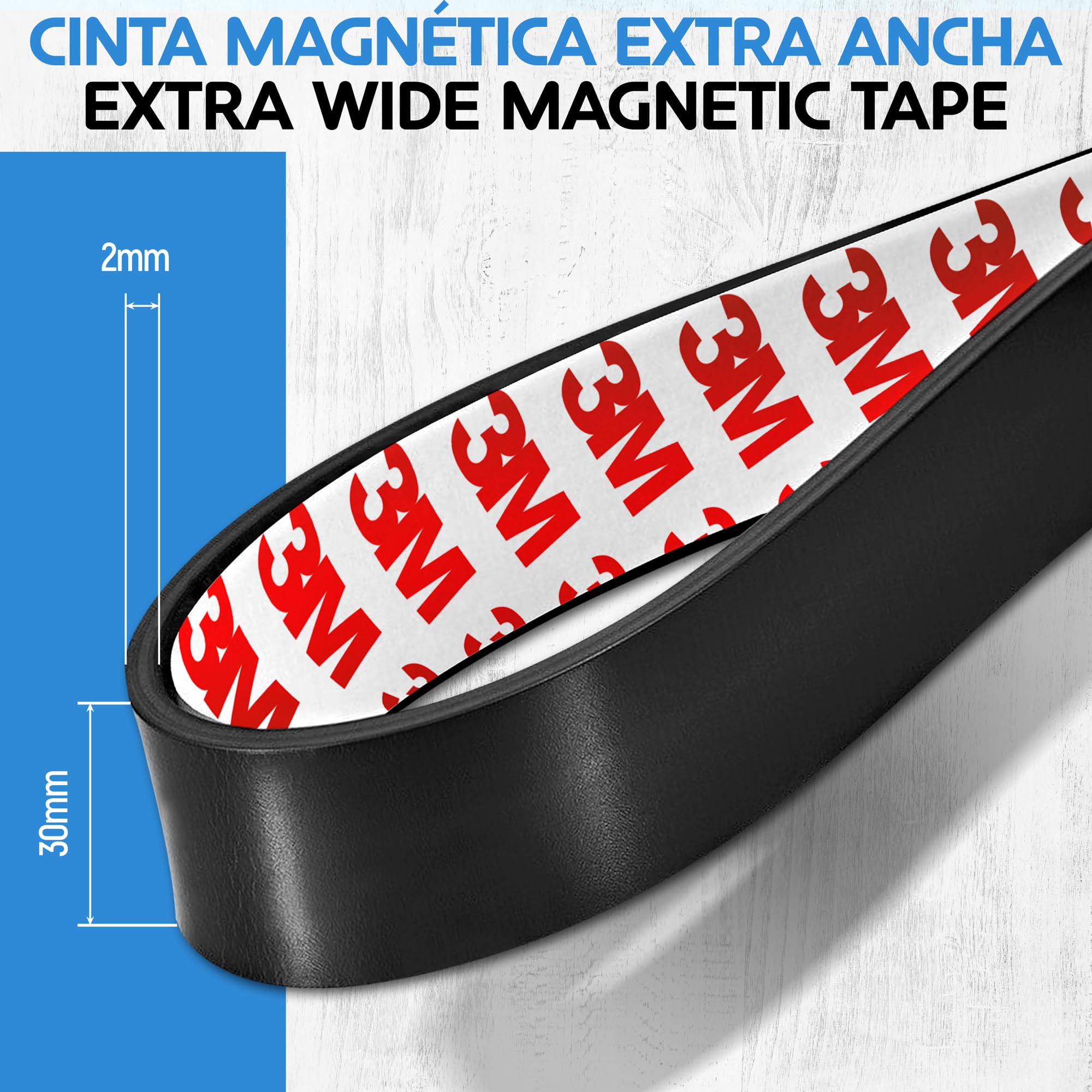 Rollo de cinta magnética - 3 metros de largo, 30 mm de ancho - Bandas magnéticas con fuerte respaldo autoadhesivo - Fácil de cortar y pegar a superficies planas