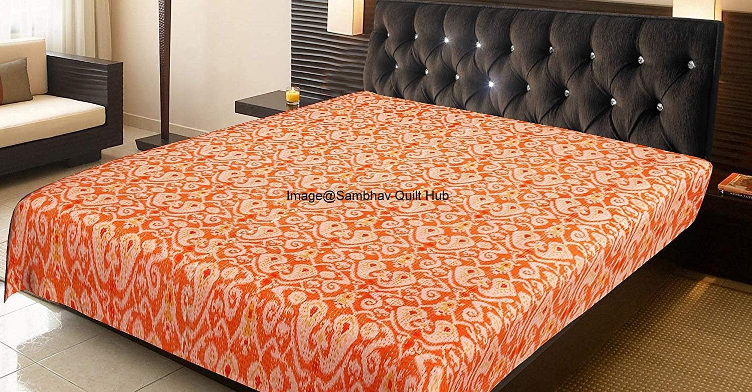 Twin/Queen/King Multi Ikat Throw Handmade Ikat Print Kantha Quilt Kantha Blanket Bed Cover King Kantha Bedspread Bohemian Bedding Reversible Cotton Kantha Sofa Cover (Orange, Queen/King 90X108 inch)