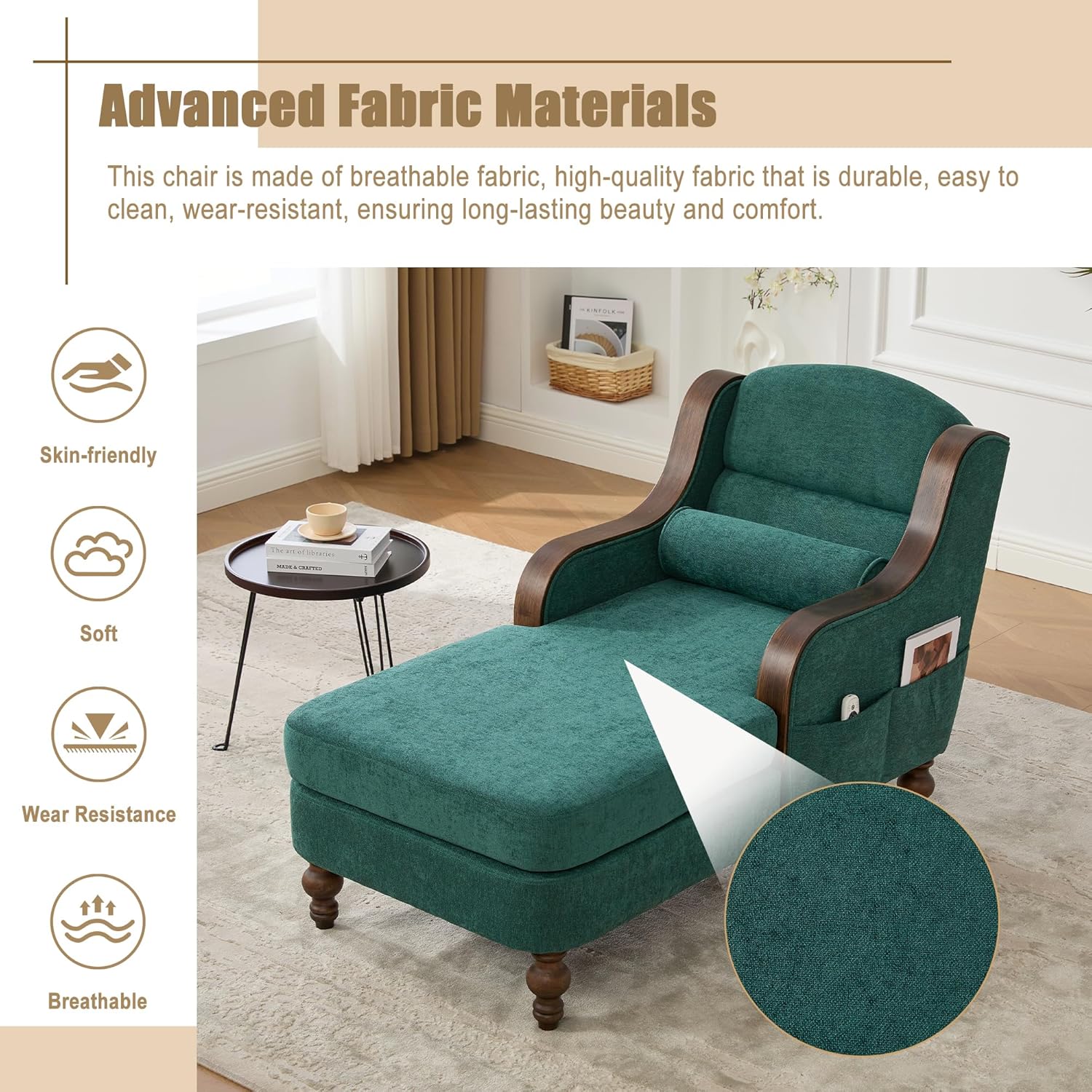 Upholstered Oversized Chaise Lounge Chair, Solid Wood Frame, Comfy Arm Chair with Thick Double-Layer Cushion, Curved Armrests Modern Overstuffed Sleeper Recliner for Bedroom Living Room(Emerald Green)