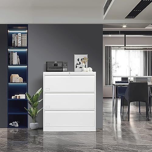 Miniatura 2 de Archivador lateral con cerradura, archivadores laterales de metal inoxidable de 3 cajones, gabinetes de almacenamiento de oficina en casa para