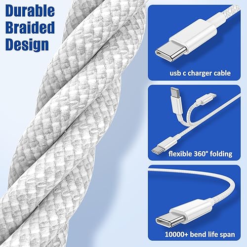 Miniatura 3 de Cable de carga USB C a C, paquete de 4 3+6+6+10 pies cable de carga rápida trenzado, cable de alimentación de 60 W tipo C para iPhone 17 16 15 Pro