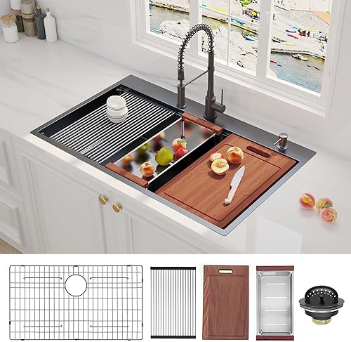 Miniatura 9 de Hausinluck Fregadero de cocina de 28 x 22 pulgadas, fregadero con estación de trabajo, fregadero de cocina de acero inoxidable de calibre 16 con