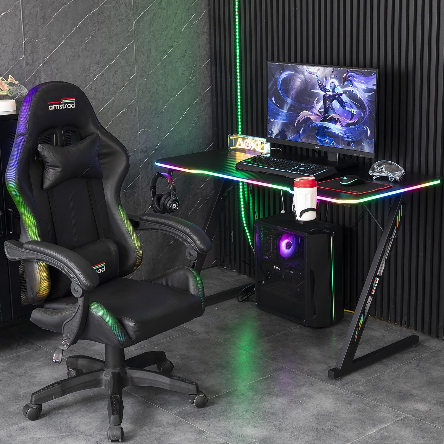 Amstrad DESK120Z-LED-AURORA Bureau Informatique Gamer avec retroéclairage RGB - Largeur 1m20 - Finition Carbone - Télécommande