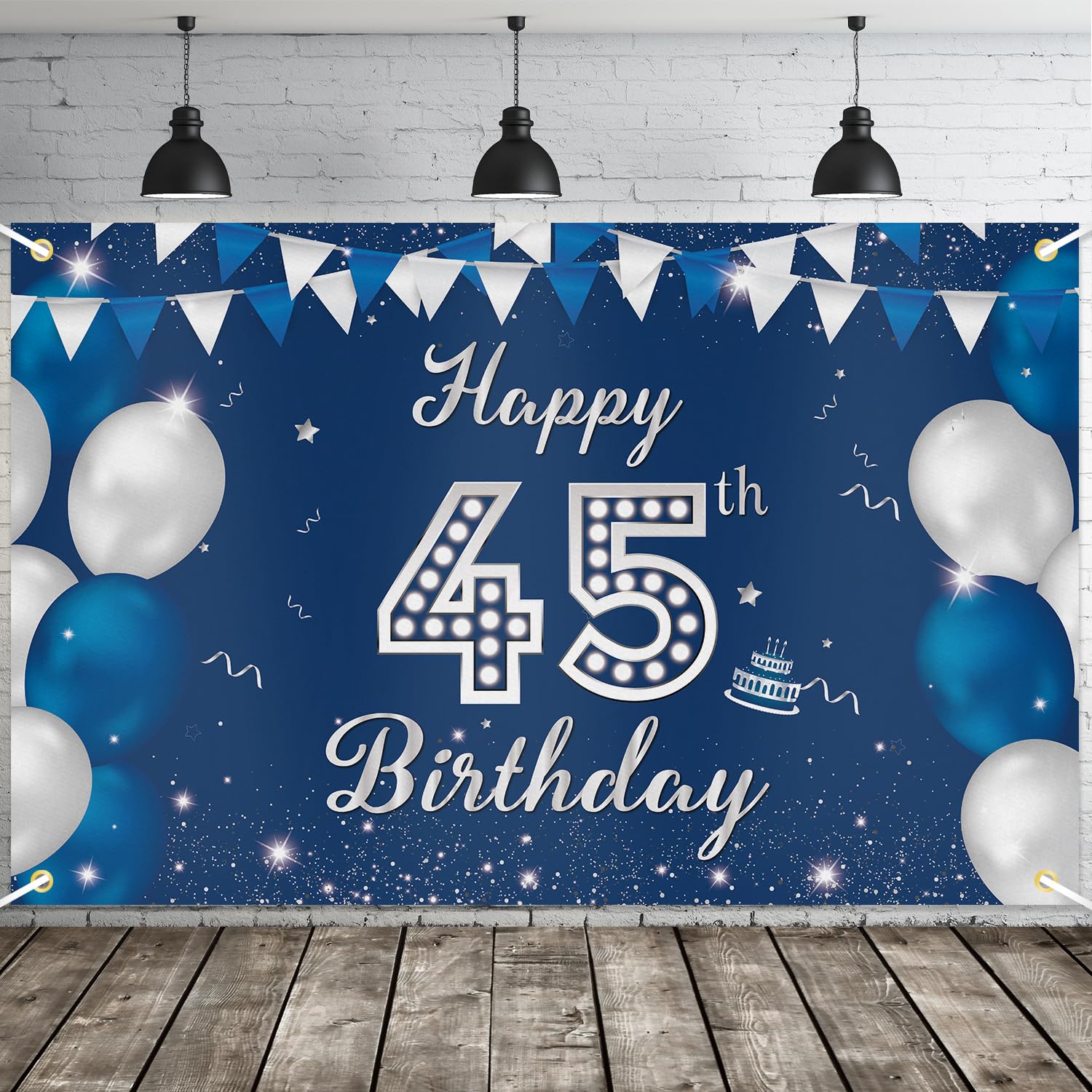 JOYKY Happy 45th Birthday Banner, Blue Silver Happy 45th Birthday Party Decorations for Men, 45 Year Old Birthday Supplies Backdrop Décor, 5.9 X 3.8