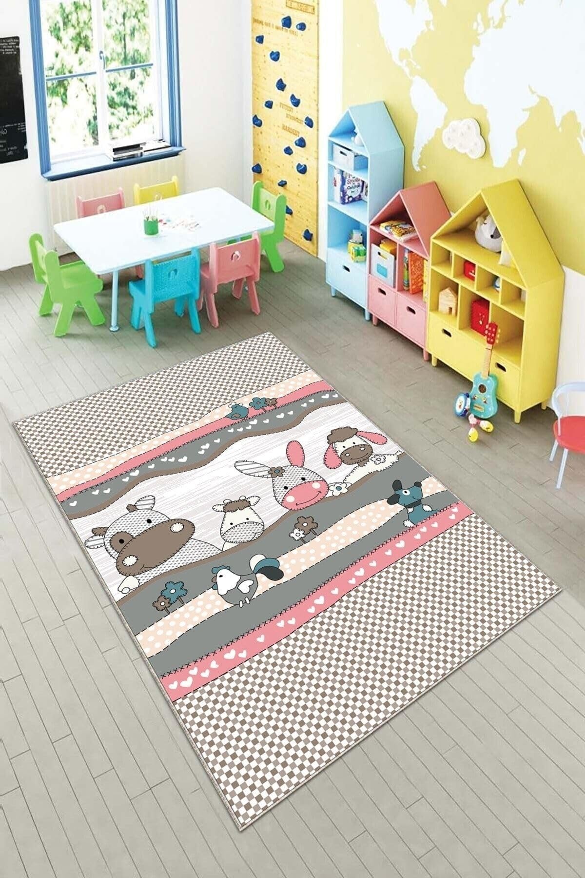 Pelangi Pembe Sevimli Hayvanlar Desenli Yıkanabilir Kaymaz Taban Leke Tutmazbebek Ve Çocuk Odası Halısı, Pembe-Kahve 80 x 400