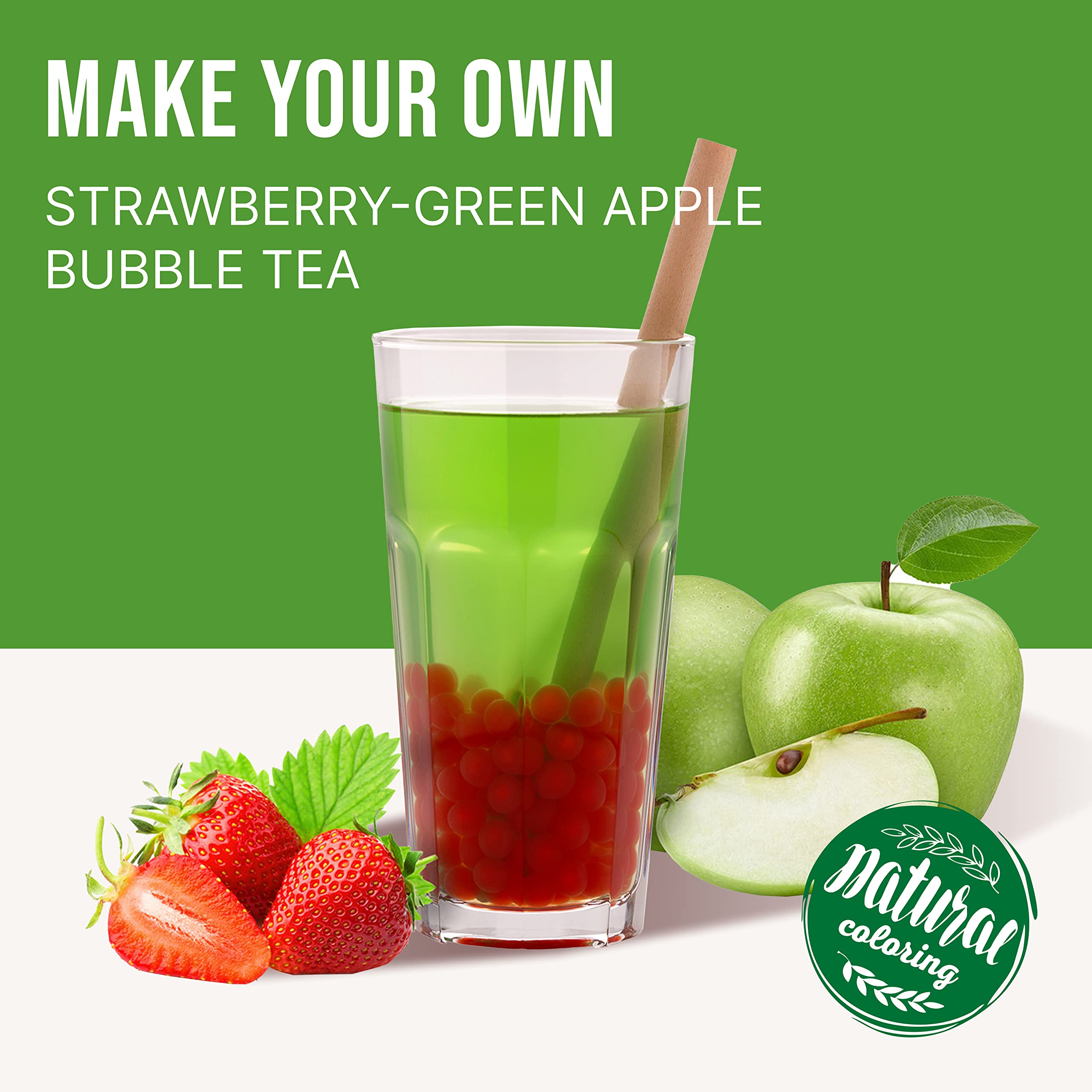 INSPIRE FOOD Bubble Tea Pearls Set - Strawberry Popping Boba 450g, Green Apple Syrup 300ml, 2 Straws