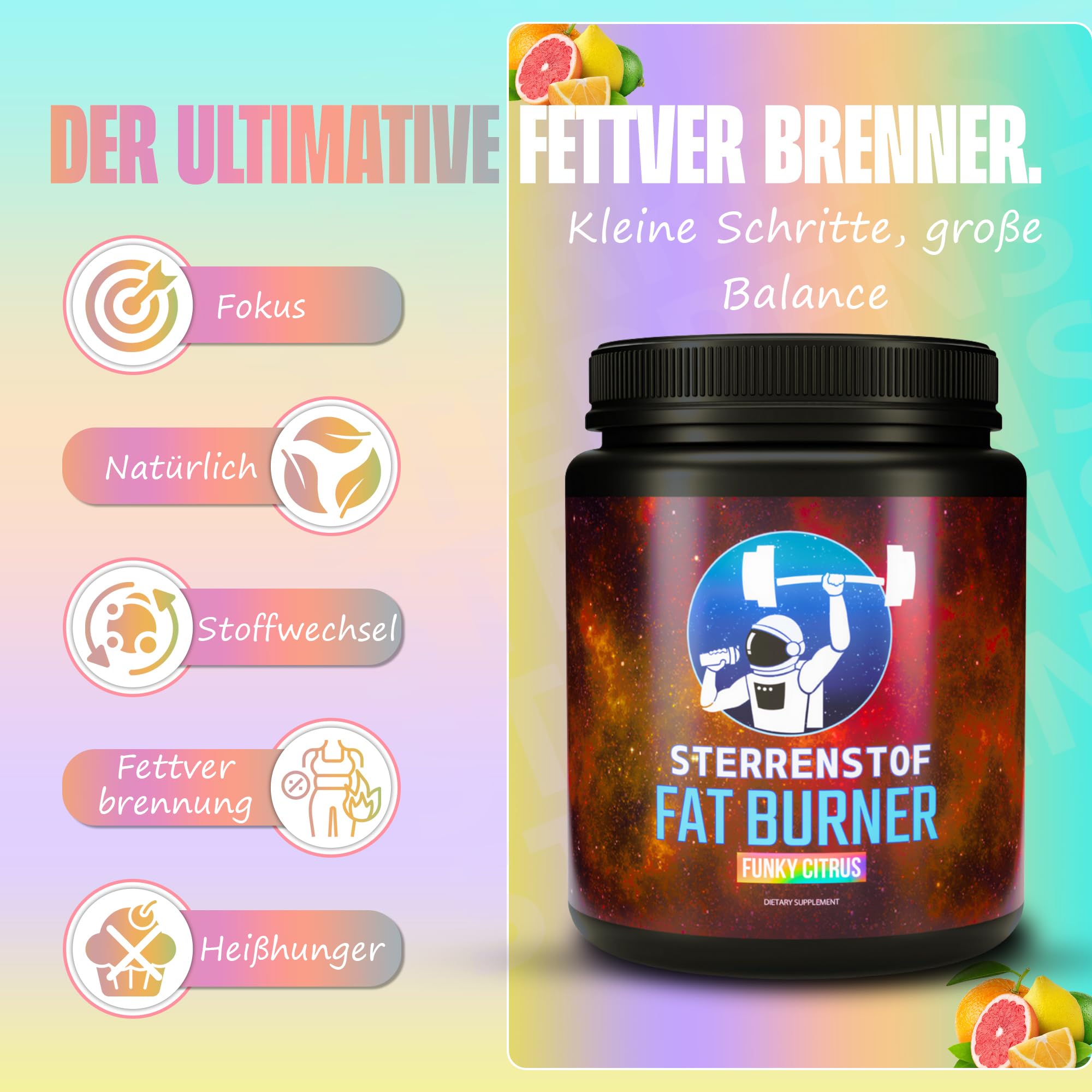Sterrenstof Fat Burner – Funkige Zitrusfrüchte – Fettverbrenner Appetitzügler mit L-Carnitin, L-Tyrosin, L-Theanin, Grüntee-Extrakt, Koffein – Schnell abnehmen, Diät, 300g Pulver, 50 Portionen