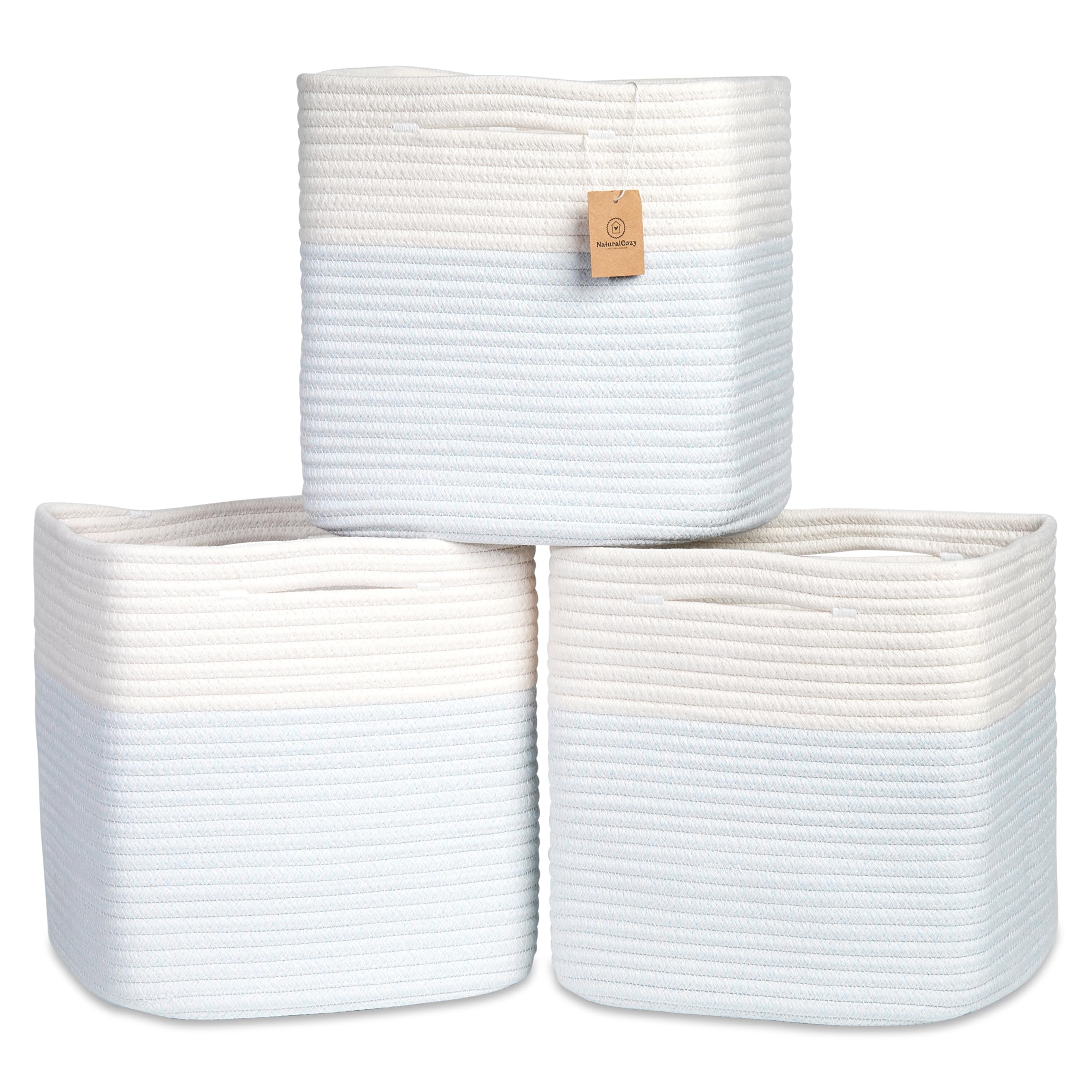 NaturalCozy 13 Inch Cube Storage Bins Cotton Rope Woven Baskets for Organizing 3-Pack | 13 x 13 Storage Cubes | Fabric Square Storage Baskets for