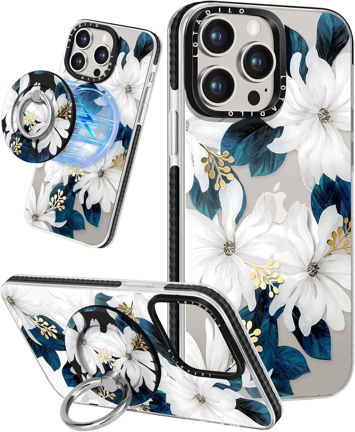 for iPhone 15 Pro Max Case for Women - Cute Kawaii Design Girls Compatible with Magsafe Magnetic Ring Holder Stand Blue Flower Phone Covers Aesthetic Girly TPU Funda for 15 Pro Max Blue Flower for iPhone 15 Pro Max
