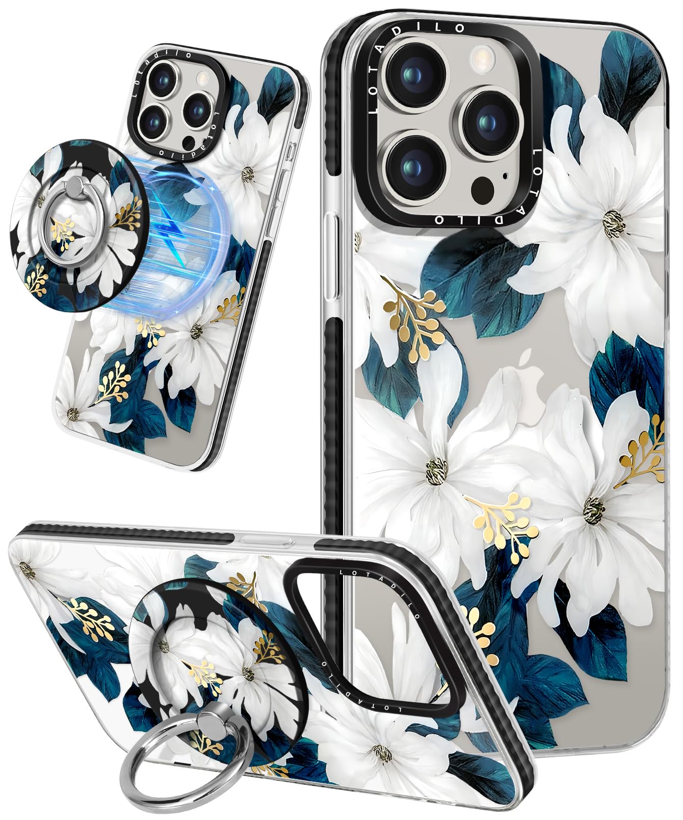 Lotadilo for iPhone 12 Pro Max Case for Women Girls - Compatible with Magsafe Cute Design Magnetic Ring Holder Stand Blue Flower Fashion Pattern TPU