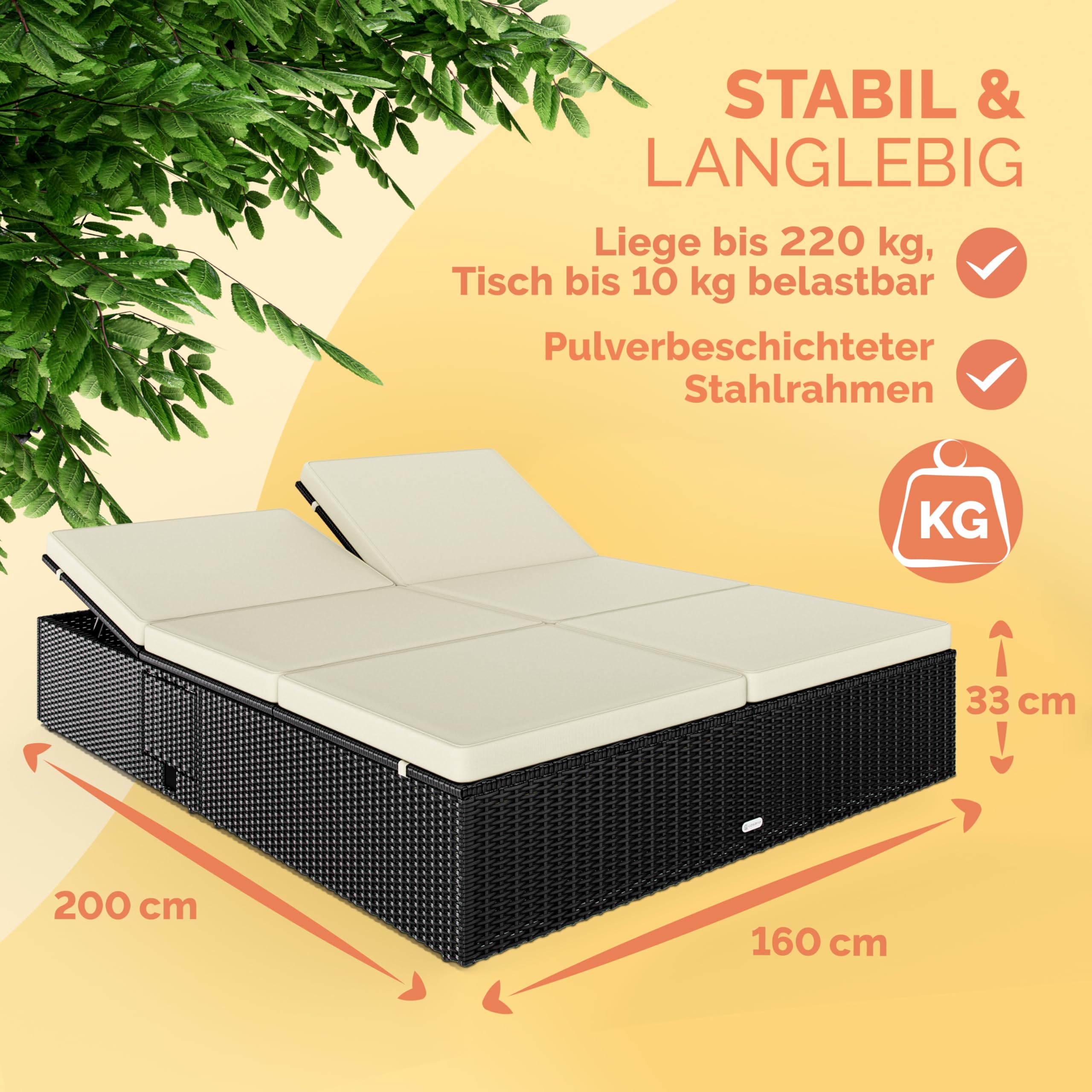 Casaria Sonnenliege Polyrattan 2 Personen | 200x160 cm, Wetterfest, Gartenliege, 220 kg Belastbar, Liegestuhl, Verstellbar, Schwarz-Creme, Wetterfest & flexibel