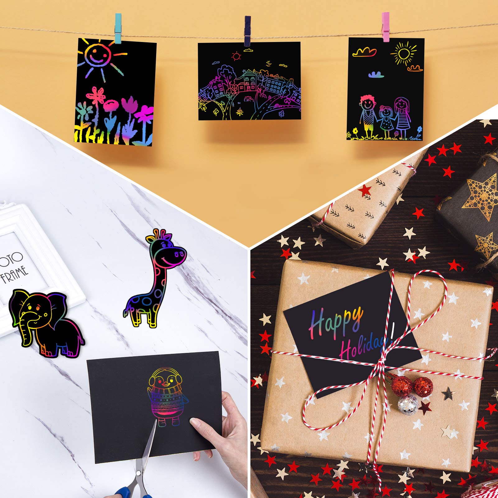 MELLIEX Dessin Gratter Enfants 2 Packs Scratch Art Livres Coloriage Papier Noir 4 Règles Gabarit 4 Stylets Bois