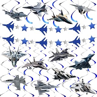 Fullhawl 26 Pcs Airplane Party Supplies Banner Garland Hanging Swirls Fighter Jet Party Decoration for Birthday Retirement Airplane Whirls Ceiling Swirls Streamers Aviation Decoration