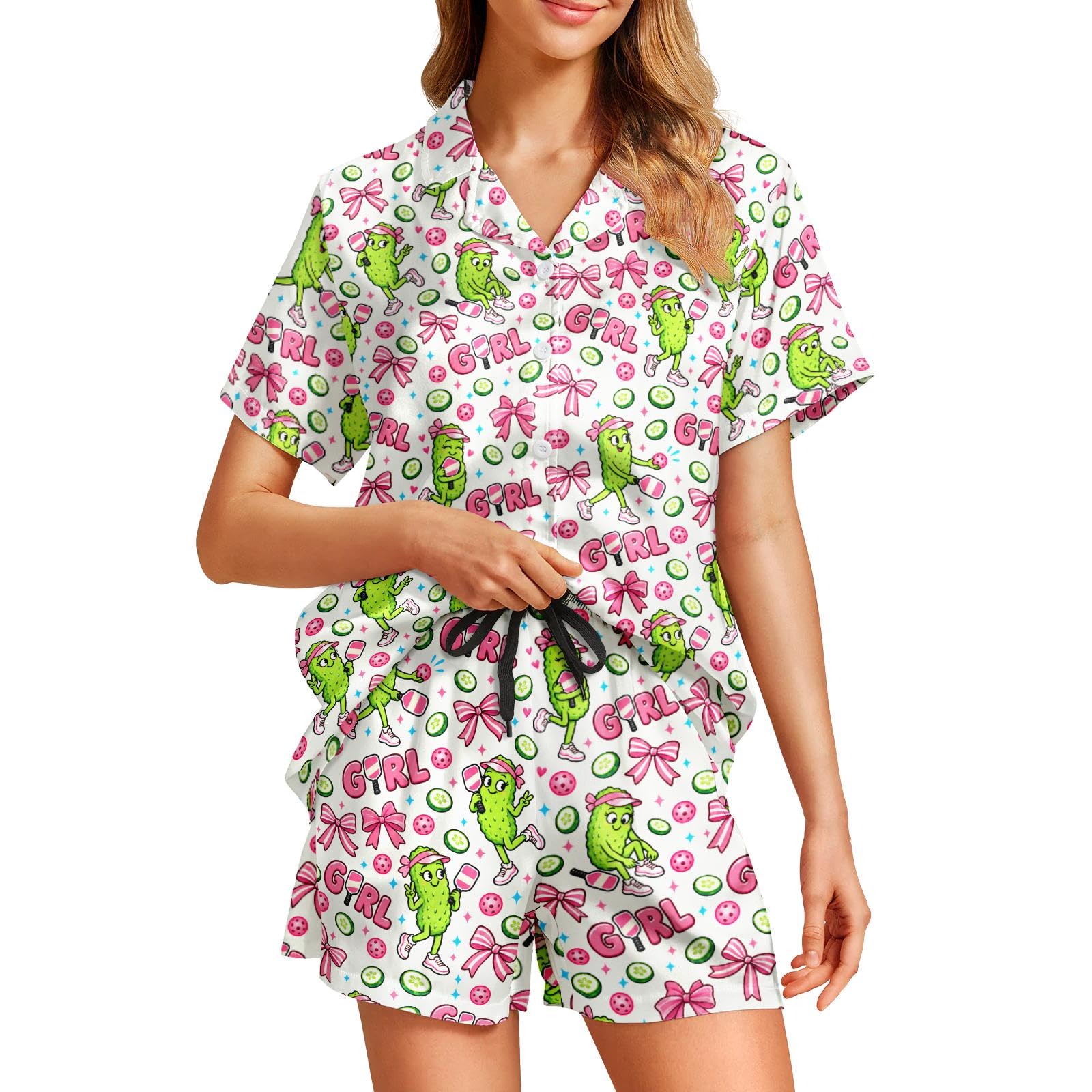 Funny Pajamas for Women Set Print Satin Loungewear Pjs Short Sleeve Button Down Top and Shorts Sets Sleepwear XS-3XL