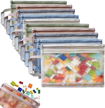 Colored Mesh Zipper Pouch Bags - 10PCS A4 Double-Layer Nylon Puzzle Building Block Sets Toy Storage & Organization For Lego, Breathable Through Zipper Pouch with Handle Pocket for School Office Games