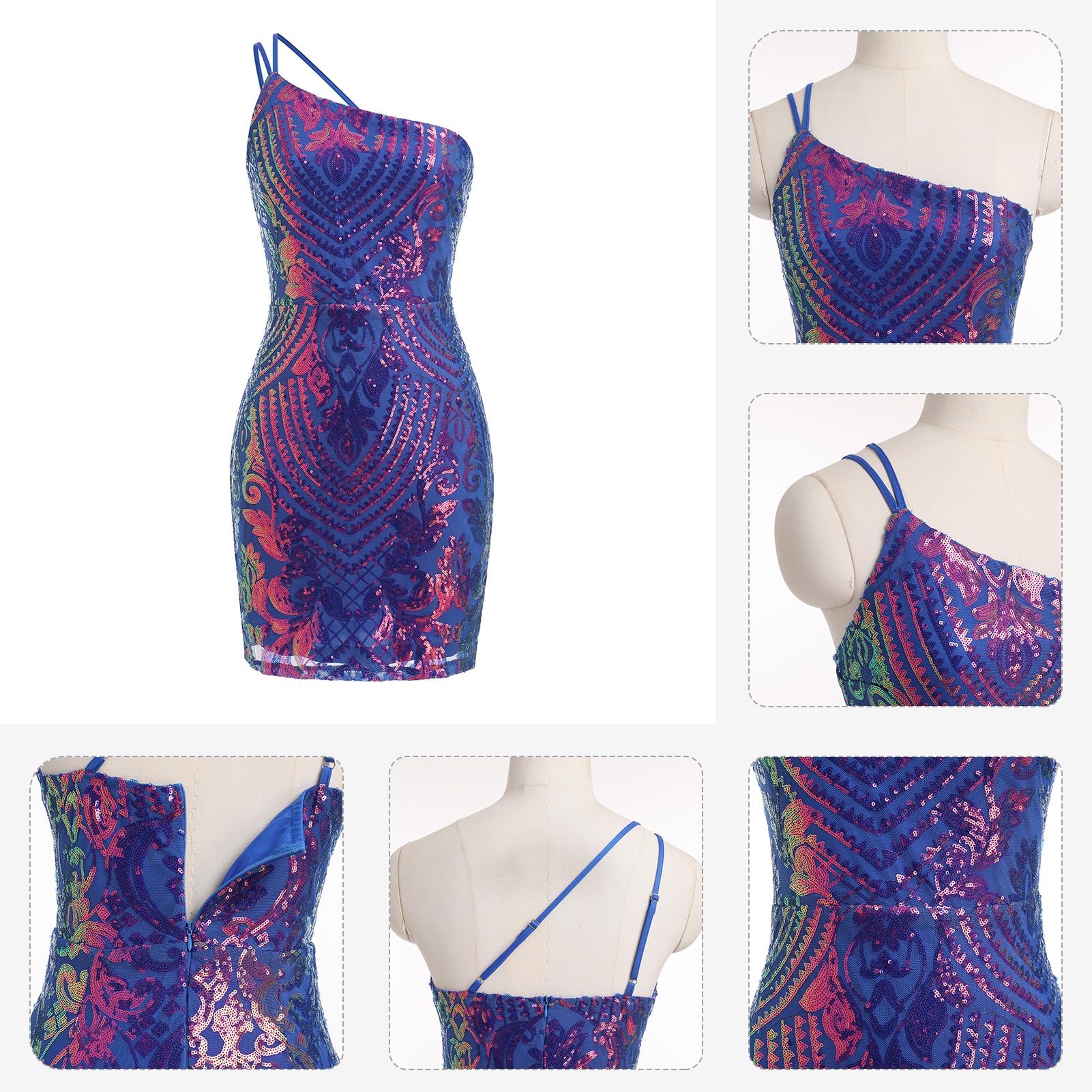 ODIZLI Vestido corto de lentejuelas para mujer, vestido de fiesta de noche con un hombro descubierto, con abertura