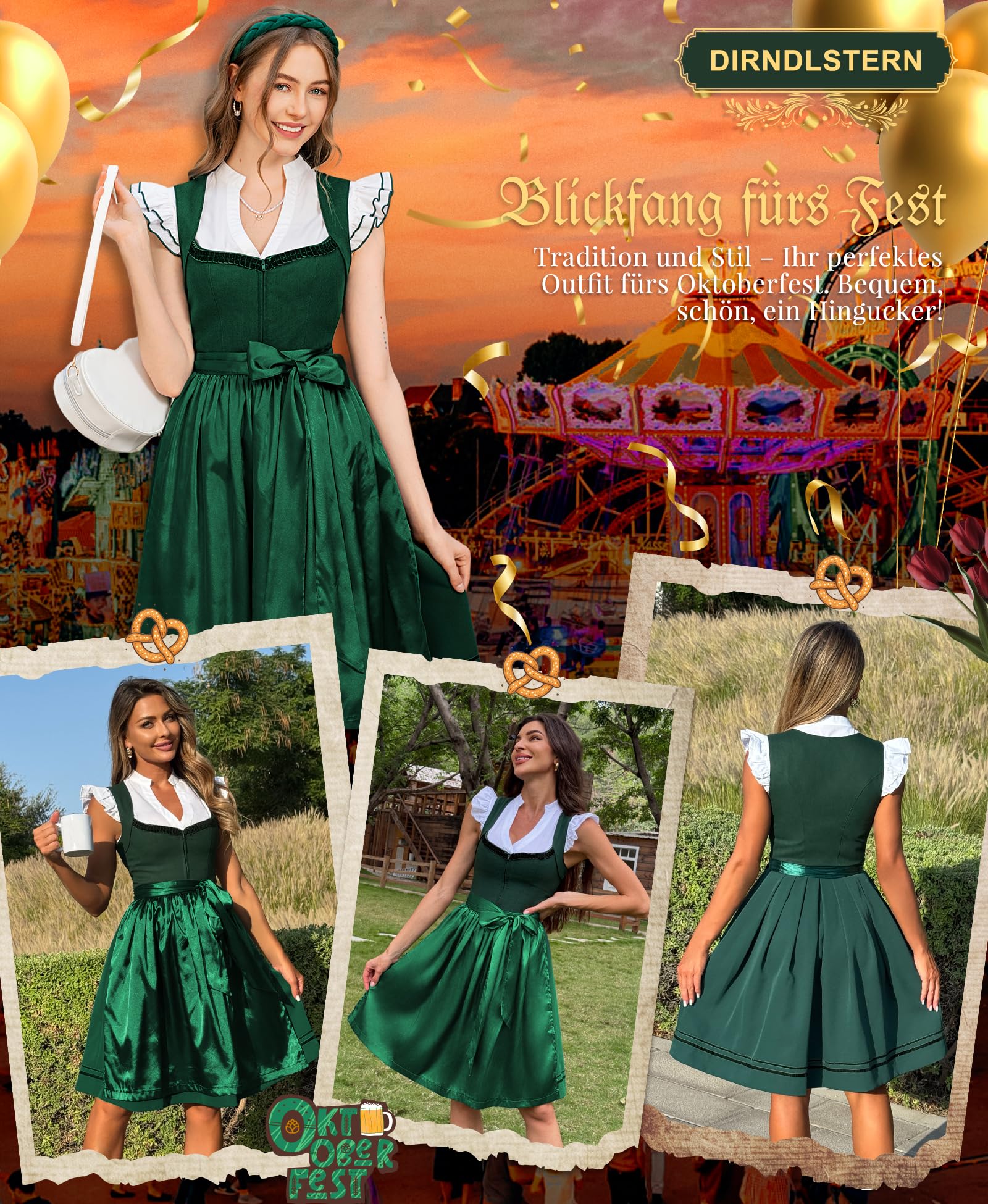 DIRNDLSTERN Damen Trachtenrock Grün - Midi Trachtenkleid für Oktoberfest Leinen Dirndlkleid mit Dirndlschürzen