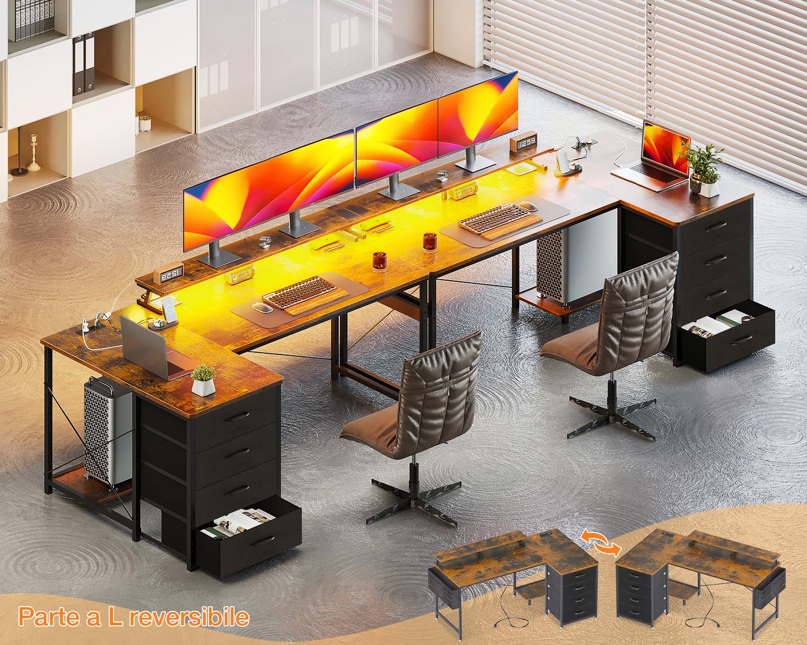 ODK Scrivania Angolare Reversibile, Scrivania da Gaming con LED, Scrivania a L con 4 Cassetti, Tavolo a Forma di L con 2 Porte di Ricarica USB e 2 Prese di Corrente per Ufficio, Marrone, 160x80x84.7cm
