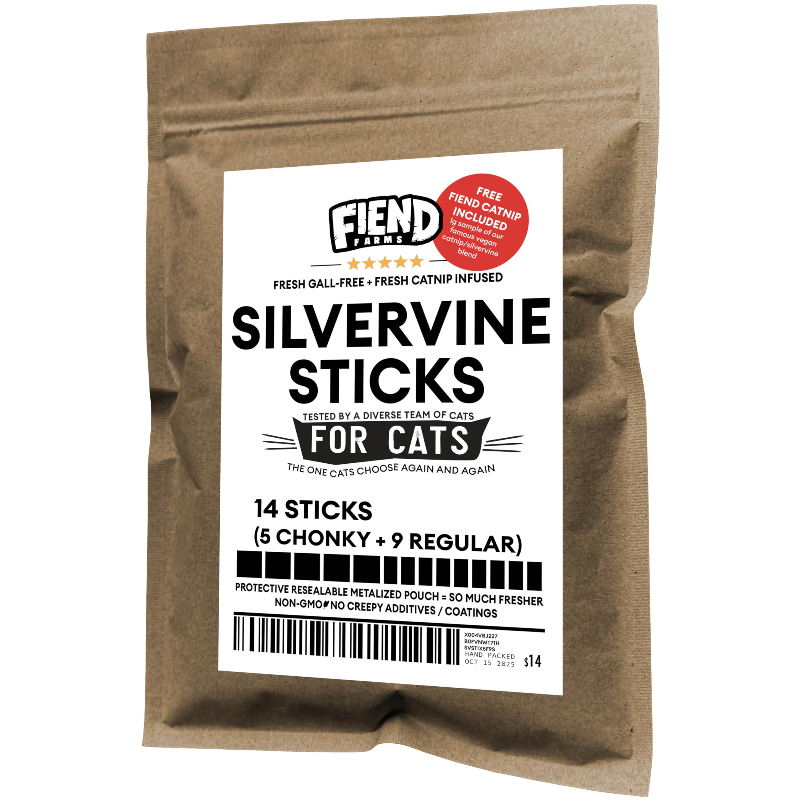 Fiend Silvervine Sticks for Cats – Real Dried Silver Vine + Catnip Infused – 14 Count (5 Chonky + 9 Regular) Toys Made by Nature for Play Instincts and Shenanigans - Create a Monster
