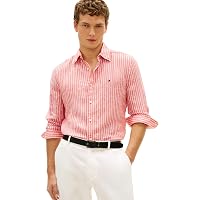Tommy Hilfiger Uomo Camicia Linen Bengal Stripe Regular Fit, Arancione (Orange Flash/Stripe)