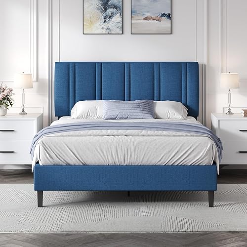 Miniatura 11 de Base de cama de tamaño matrimonial con cabecera ajustable, plataforma tapizada de tela de lino con listones de madera, no requiere somier, fácil