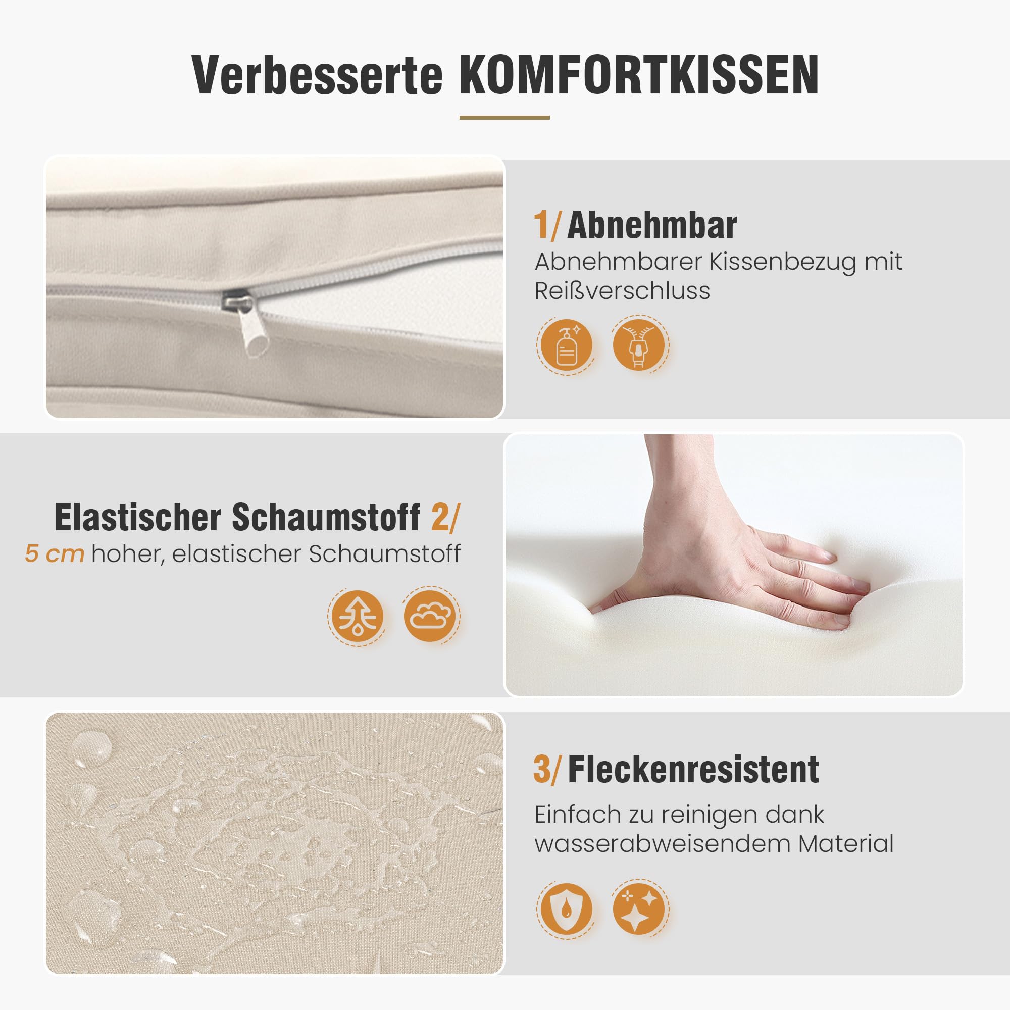 Amopatio Relaxliege Liegesessel, Rattan Sonnenliege mit Verstellbar Rückenlehne und Klapptisch, Outdoor Gartensessel wetterfestes, für Terrasse, Garten, Balkon, Beige Sitzkissen & Dunkelbraun Rattan
