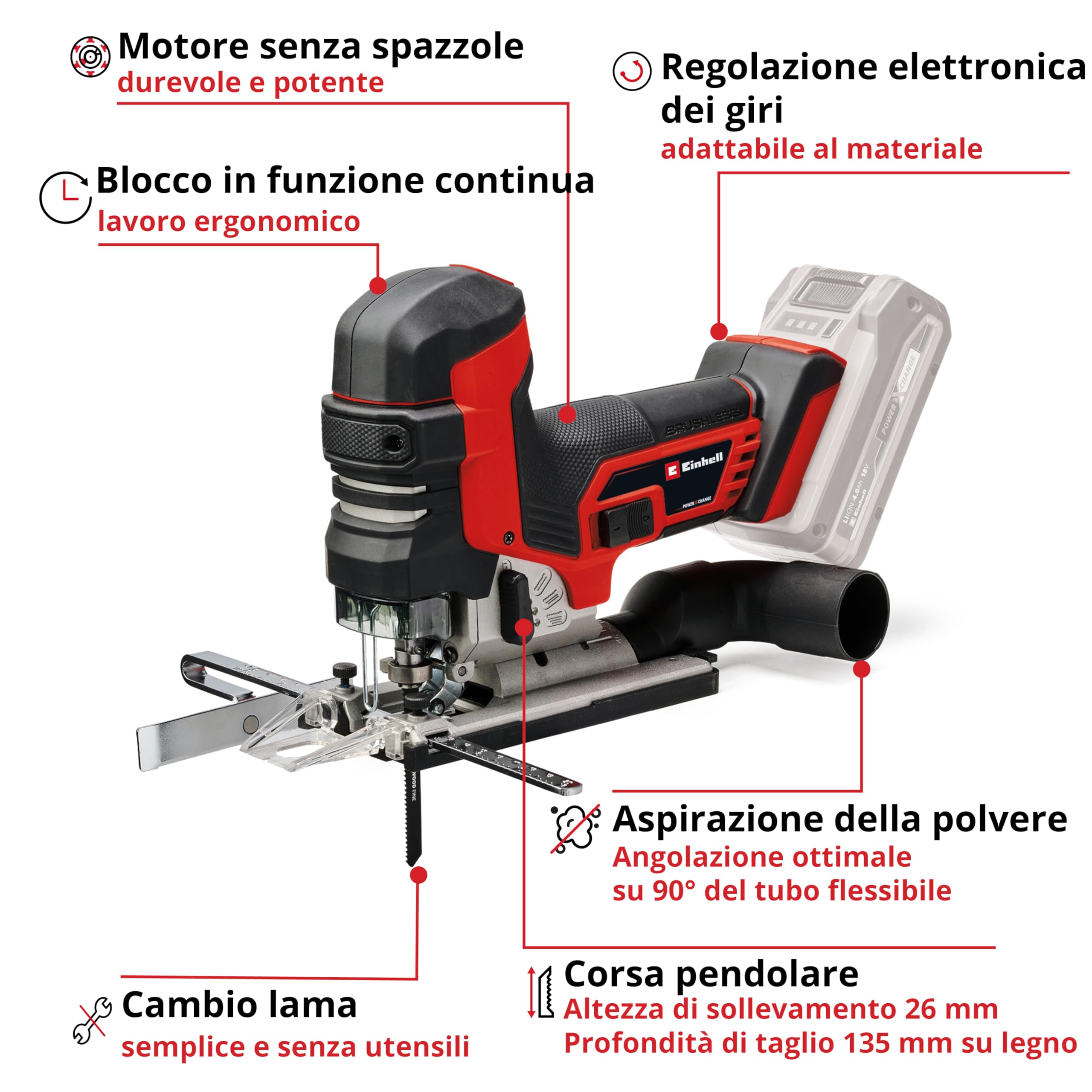 Einhell Professional seghetto alternativo a batteria TP-JST 18/135 Li BL Power X-Change (18 V, profondità taglio 135 mm su legno, altezza sollevamento 26 mm, Brushless, incl. 3 lame, batteria esclusa)