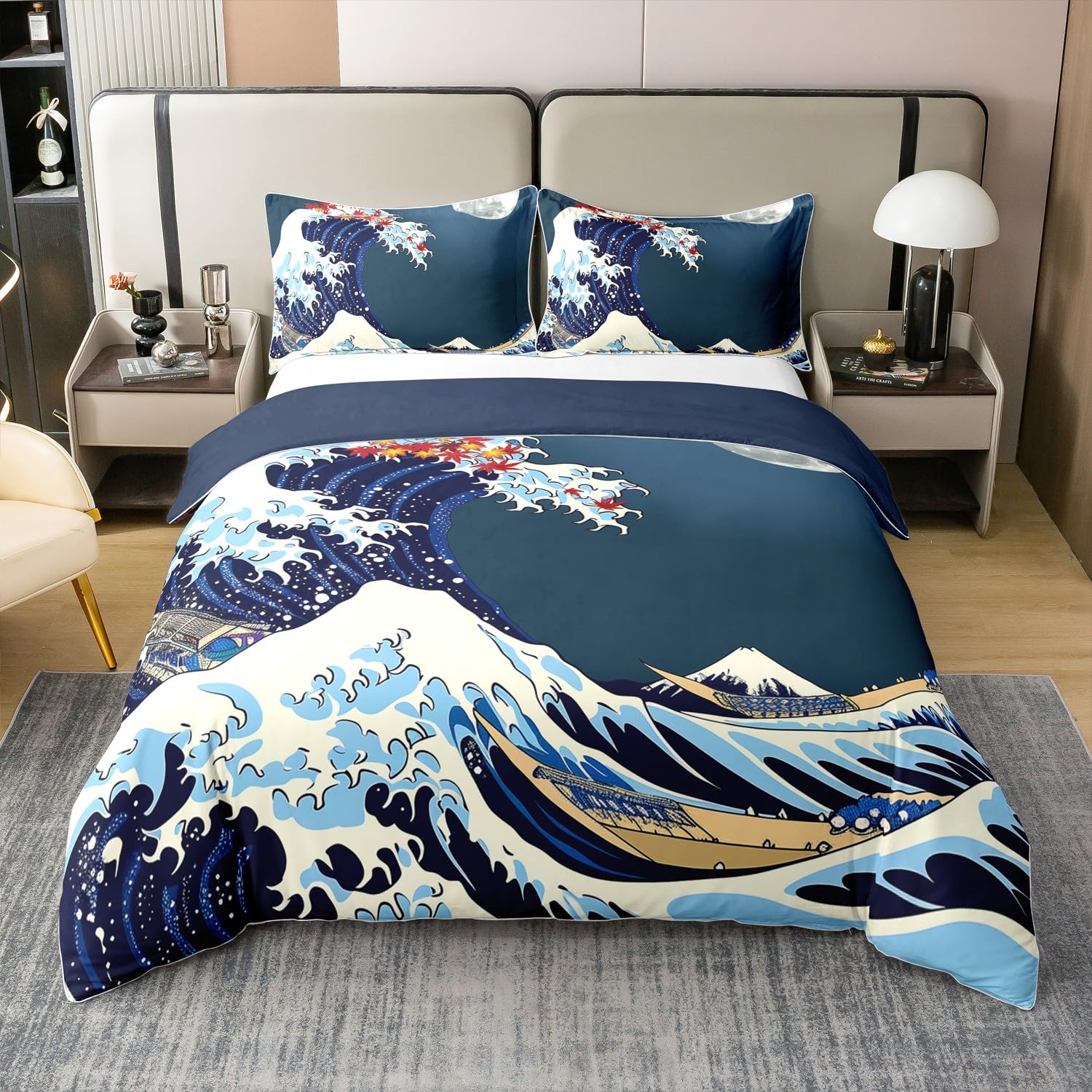 Parure de lit 100% coton motif lune japonaise vintage avec housse de couette et taies d'oreiller