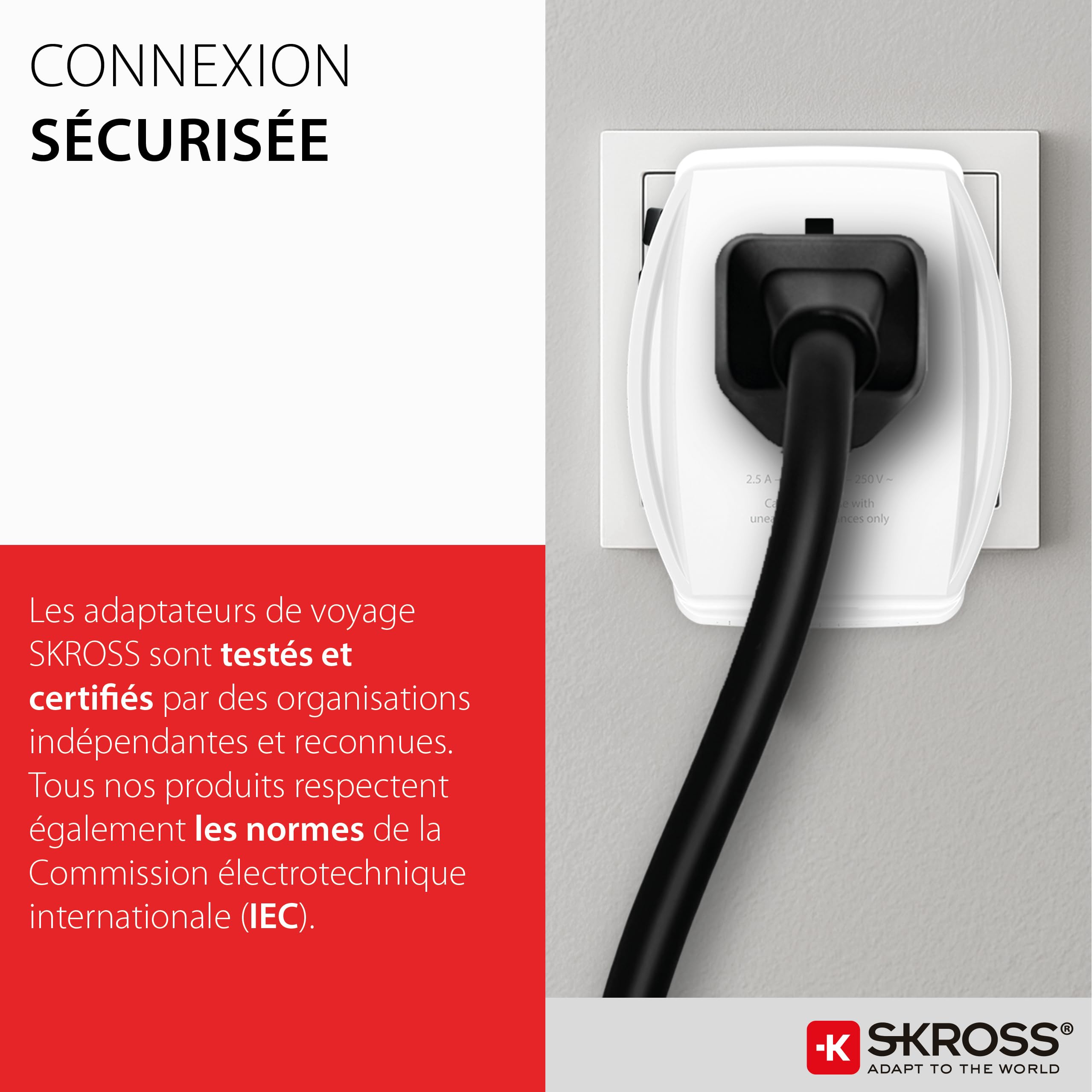 SKROSS -MUV USB AC65PD + Cavo Type C (160cm) - Adattatore Universale da Viaggio a 2 Poli + 1x Type C & 1 x Type A 65W- Tensione e Potenza: 100V-250W/250V-625W per Portatili, Tablet e Smartphone