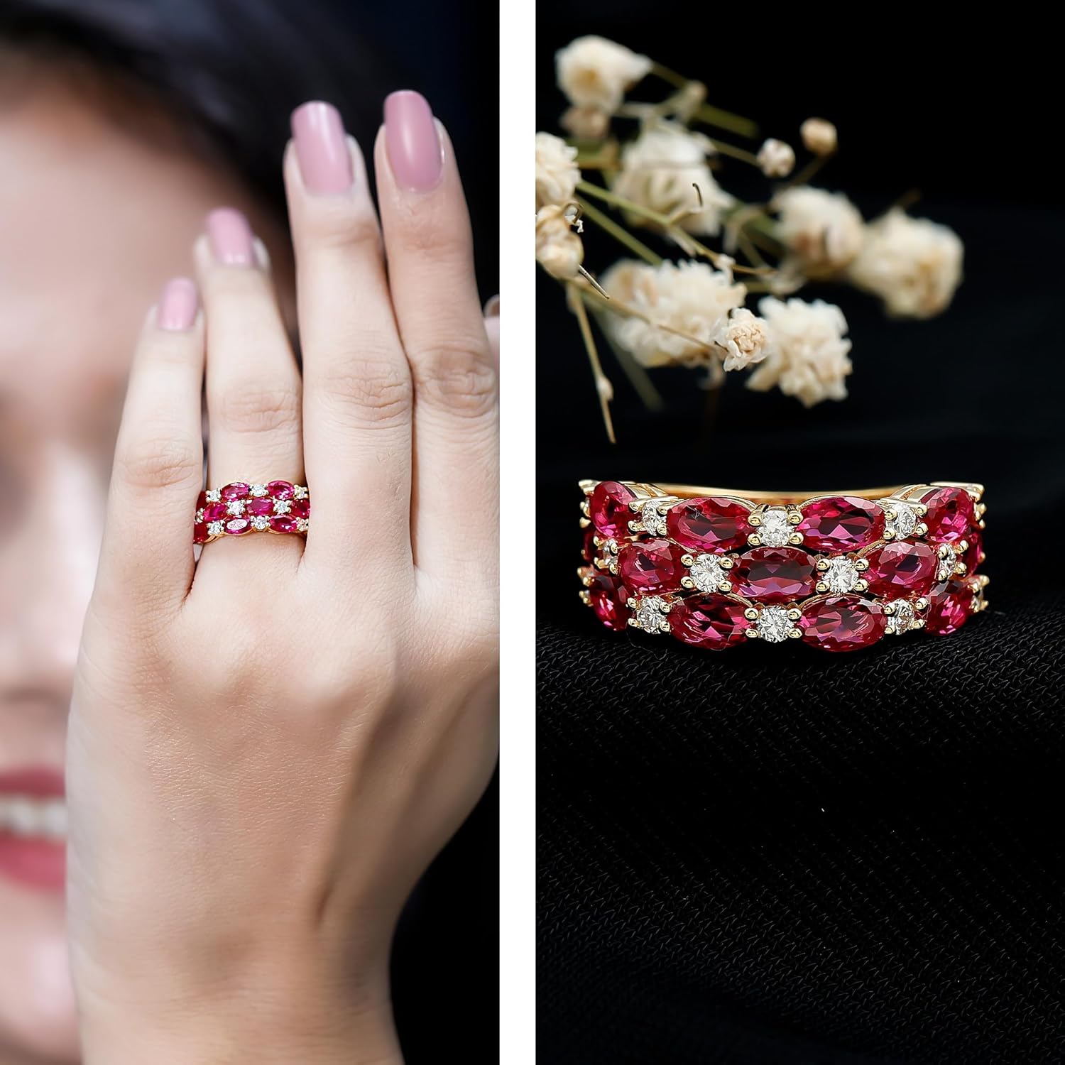 Certified Lab Grown Ruby Diamond Wedding Band in Yellow Gold Plated Silver, Aaaa Quality - Gift For Special Occasions