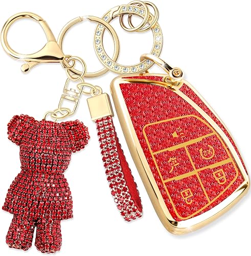 Rayslesan Cute Key Fob Cover with Rhinestone Bear Charm, Bling TPU Smart Key Case for Women, Compatible with Chevy Silverado GMC Sierra GMC Sierra 2500HD 3500HD (5-Button, Gold Red)