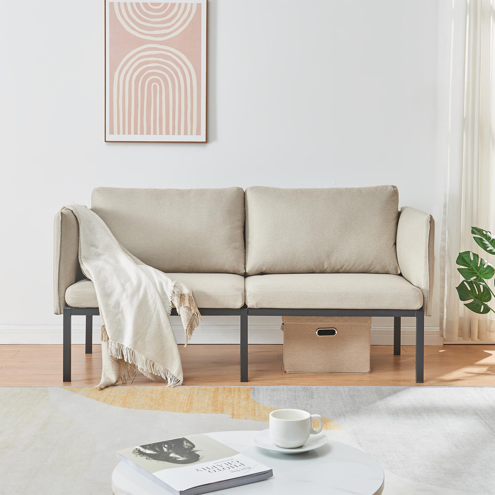 [en.casa] Divano a 2 Posti di Seduta Rivestito 2 Cuscini da Schienale e Braccioli con Tasche Integrate Sofa Imbottito a Telaio in Metallo per Salotto Soggiorno - Beige
