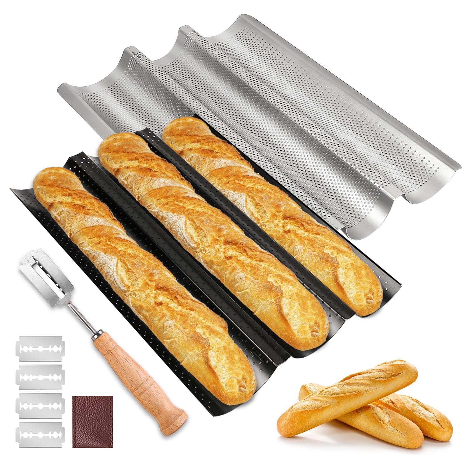 Moule à baguette antiadhésif perforé BORDEAG pour une cuisson homogène de 3 pains