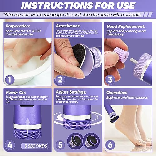 Miniatura 5 de Saker Removedor eléctrico de callos de pies, lima eléctrica para pies 2 en 1, herramientas de pedicura recargables para pies con 60+10 piezas de