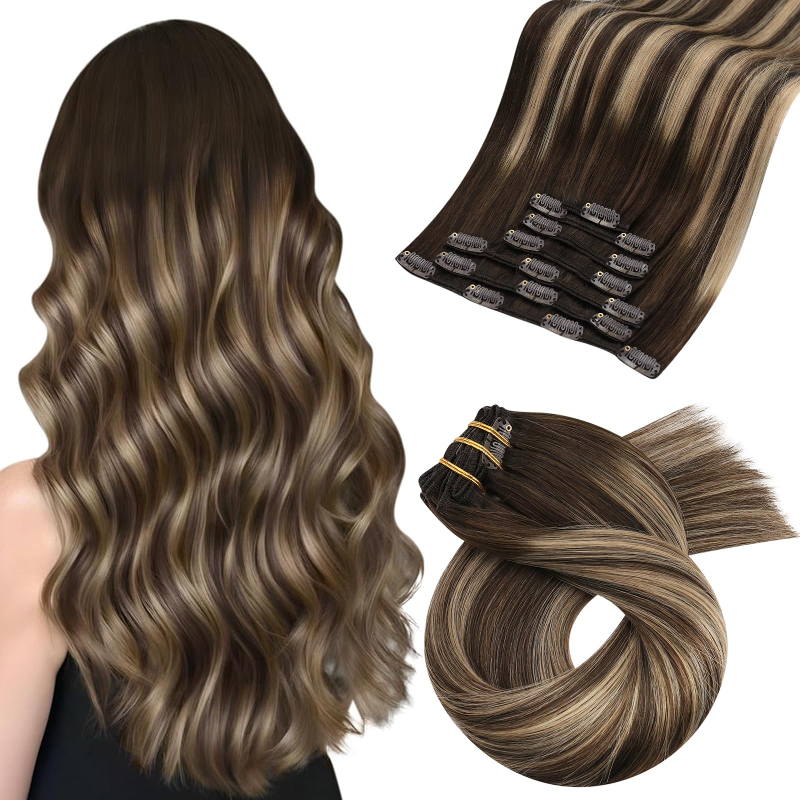 Moresoo Human Hair Extensions Clip in Real Hair Ash Blonde with Bleached Blonde Clip in Hair Extensions Remy Human Mid-length Hair Layered Add Volume 14 Inch 5pcs/80g #P18/613 — view 71
