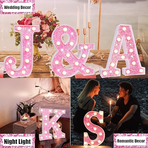 Miniatura 3 de Letras con luces LED de marquesina iluminadas, letras del alfabeto rosa con purpurina, letras del alfabeto rosa que funcionan con pilas, para bodas,