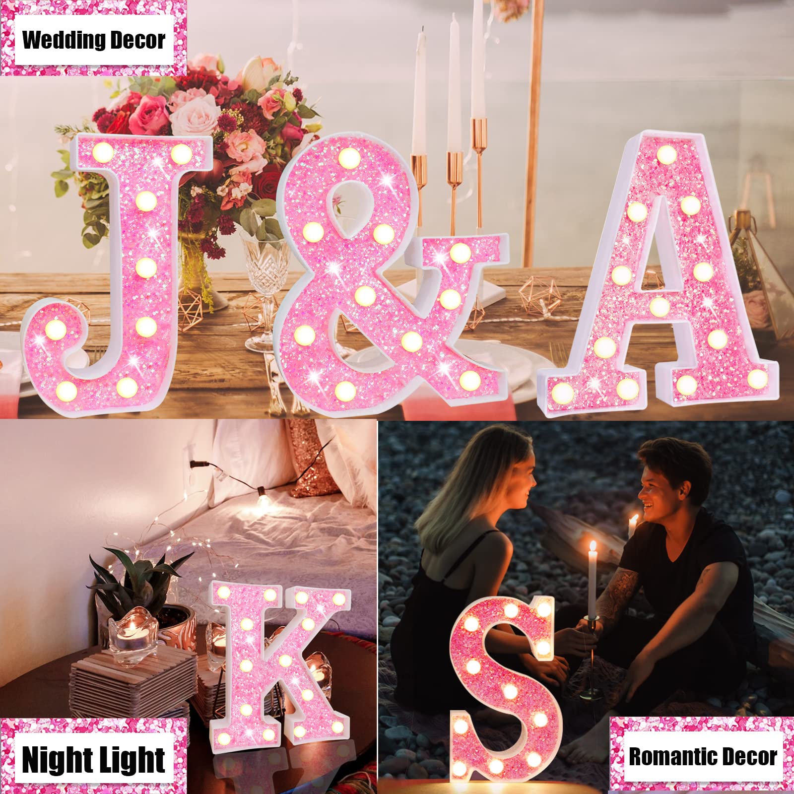 Light Up Letters, Glitter Alphabet Letter Sign Pink LED Marquee Letter Lights Battery Powered for Night Light Girls Bedroom Birthday Party Wedding Home Christmas Decorations Gift for Her-Pink A