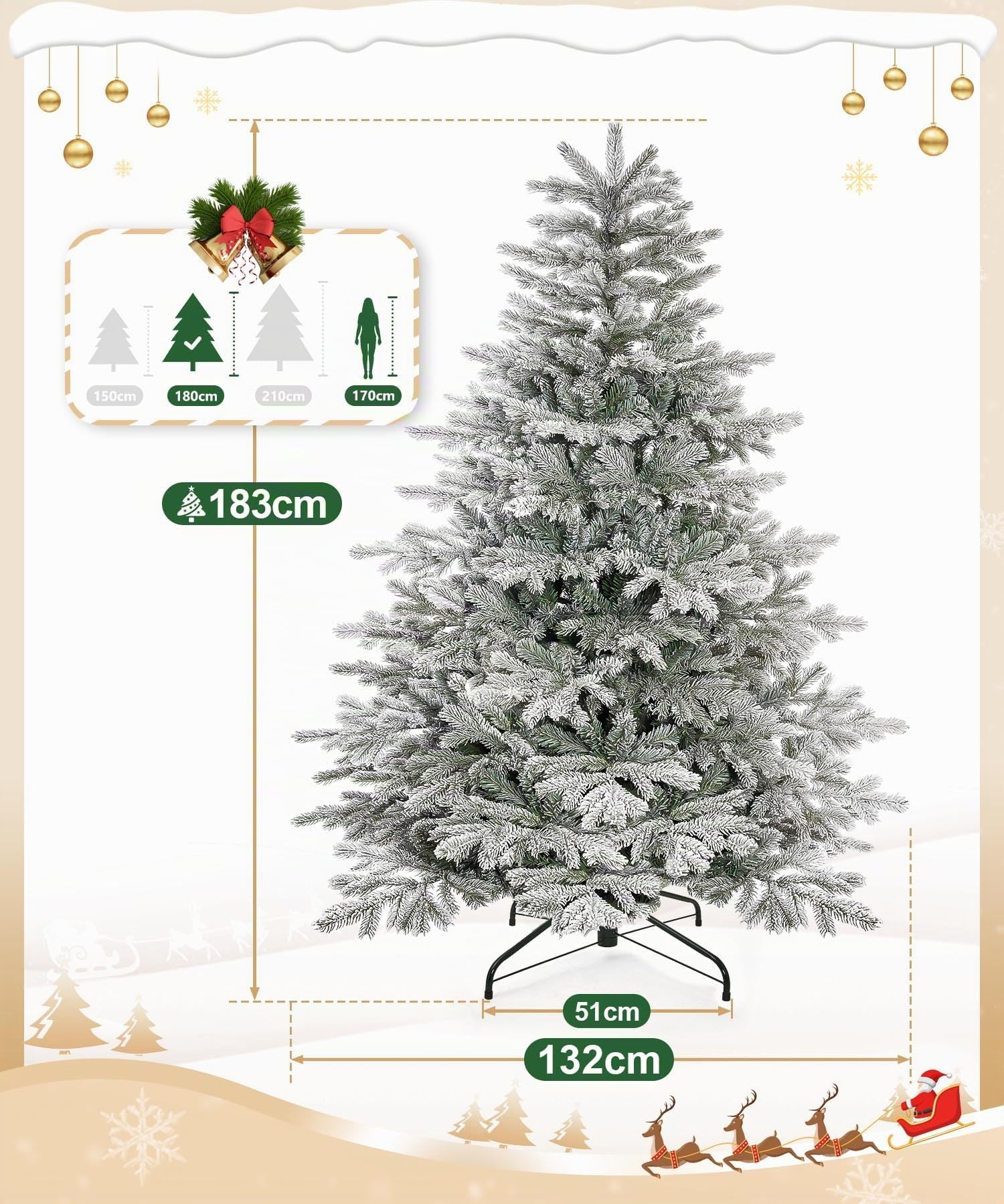 Yorbay Sapin de Noël Artificiel avec Flocons de Neige 180 cm, Sapin de Noël Artificiel en PE et PVC avec Support en Fer, pour décoration de Noël, Convient comme décoration pour la Maison