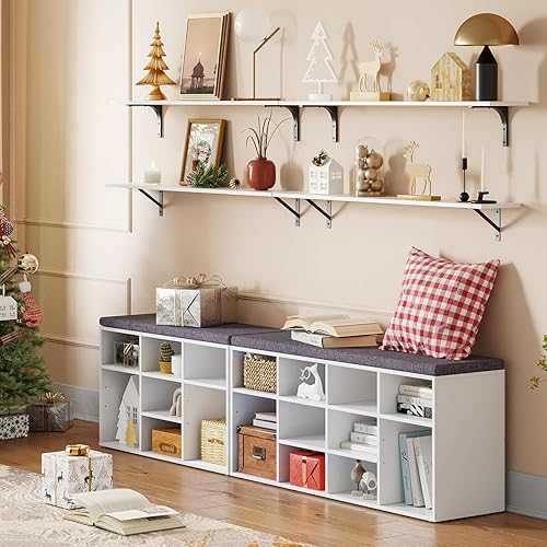 Miniatura 31 de DINZI LVJ Banco organizador de zapatos con cojín, zapatero de 9 cubos y estantes ajustables, multifuncional, para salas de estar, dormitorio, Gris